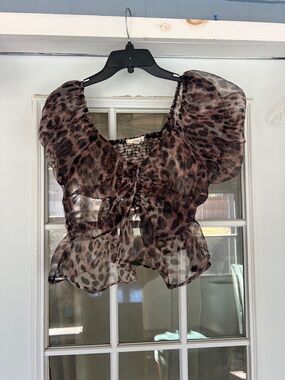 Sheer Leopard-Print Ruffle Crop Top in Brown